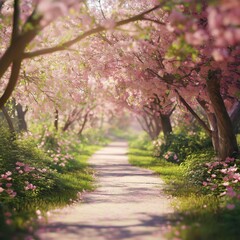 Fototapeta premium Tranquil path through a blossoming pink tree tunnel.