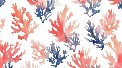 Abstract watercolor coral pattern in red and blue tones