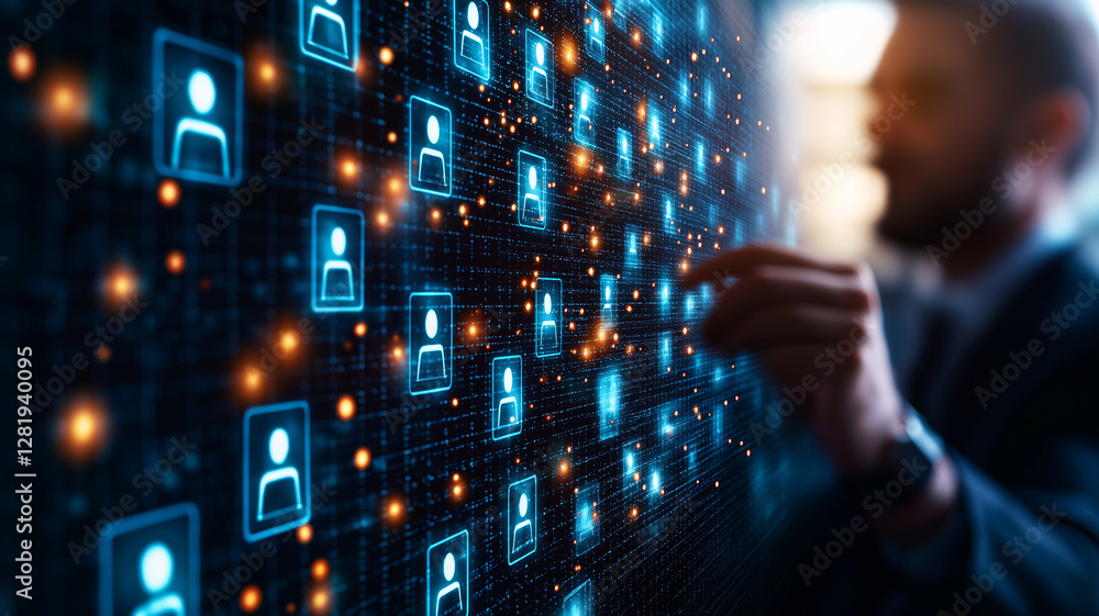 Poster digital network concept with glowing user icons and connections