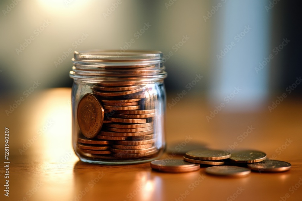 Poster jar filled with coins sitting on a wooden table in soft lighting during early evening. generative ai