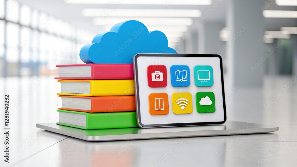 Poster modern e learning toolkit with colorful books and digital icons
