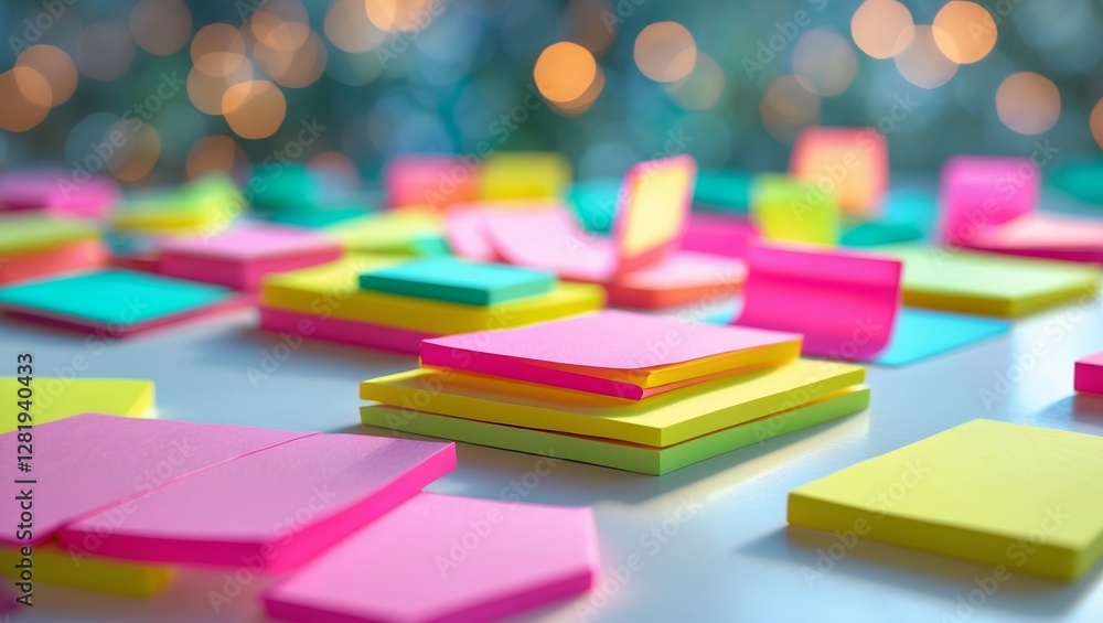 Poster colorful sticky notes scattered on a workspace during a brainstorming session in a creative office e