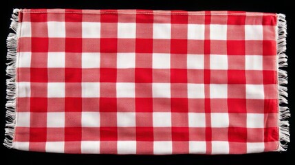 Red and white checkered tablecloth with fringed edges on black background