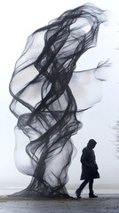 Woman walking past dark fabric sculpture, foggy day, art installation