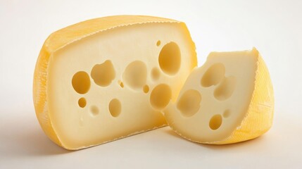 Whole and sliced brie cheese on display with holes in it.