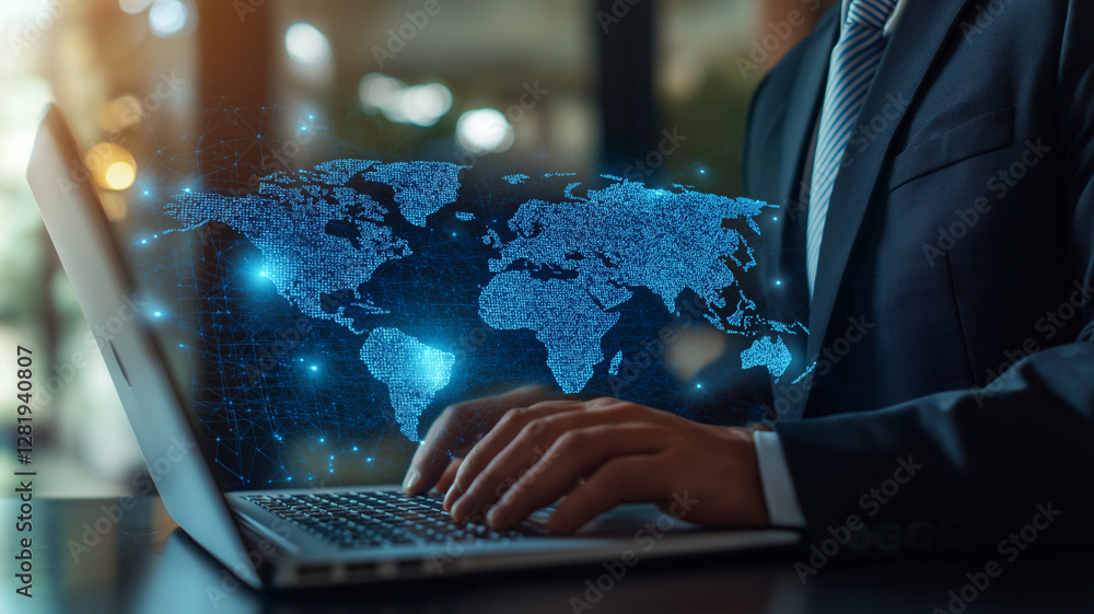 Poster businessman in suit is using laptop with digital world map displayed on screen, symbolizing global c