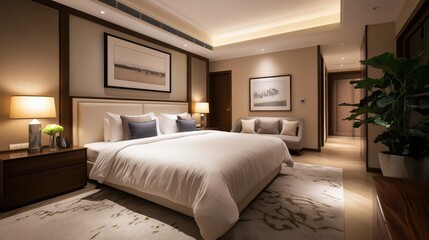 Fototapeta premium Elegant hotel bedroom with a king-size bed, soft lighting, and neutral tones.