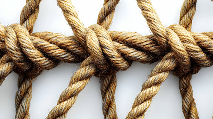 Close-up of Interwoven Rope Knots on White Background. Possible use Stock photo for design, education, or craft projects