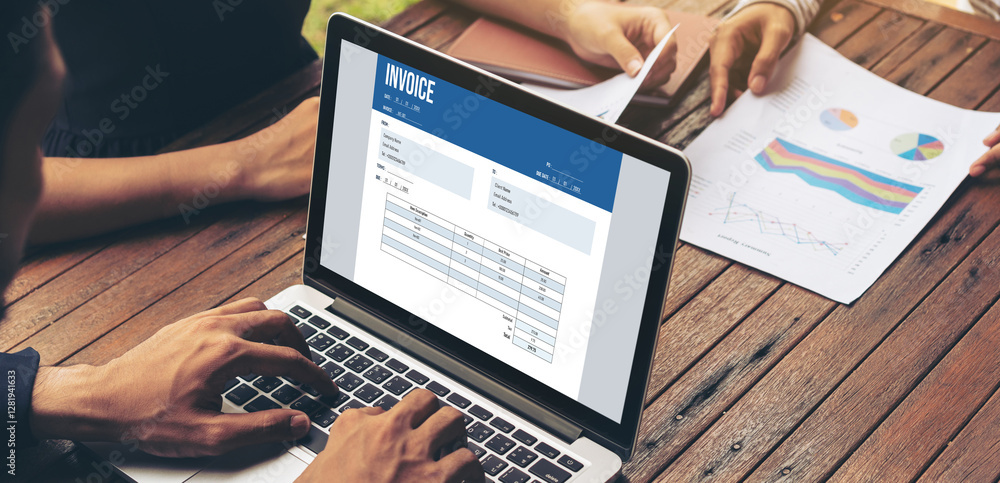 Poster invoice on computer screen from accounting application. computer program for financial and budget of