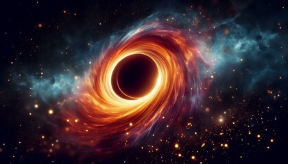 A mesmerizing black hole swirls with immense gravitational pull, its luminous event horizon glowing against the void. Ethereal light bends, creating a surreal, powerful spectacle