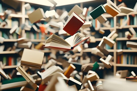 Books flying through the air in a chaotic library scene, showcasing literary chaos and imagination - Powered by Adobe