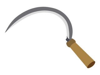 Sickle farming tool with curved steel blade and wooden handle for harvesting