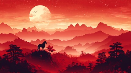 Horse silhouette, mountain range, red sunset