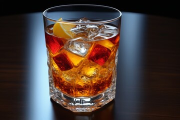 there is a glass of alcohol with ice and lemon wedges