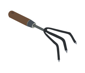 Garden hand cultivator with wooden handle and three metal prongs for soil loosening