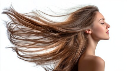 Naklejka premium Young adult female with flowing long brown hair against white background