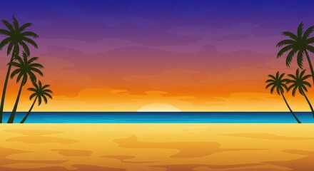 Obraz premium Vibrant tropical sunset over ocean with silhouetted palm trees on sandy beach