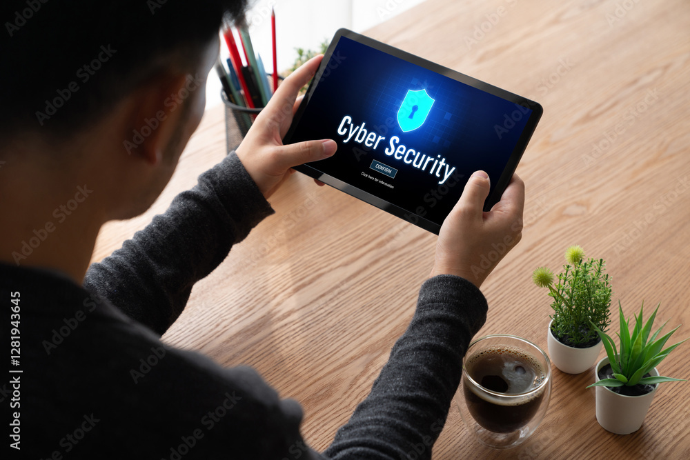 Poster cyber security system on computer screen protect private information snugly from hacker and cyber at