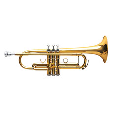 Obraz premium A shiny brass trumpet on a black background with lots of dots