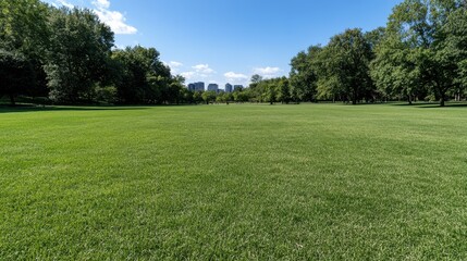 Naklejka premium Expansive green park with lush lawns and distant trees, inviting tranquility and outdoor leisure.