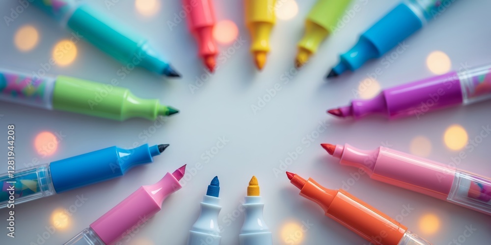 Poster vibrant colored markers arranged in circular pattern with blurred bokeh lights