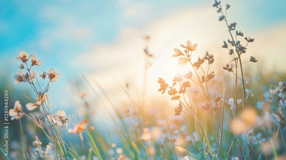 Poster sunlight filters through blooming wildflowers in a serene meadow during early morning hours. generat