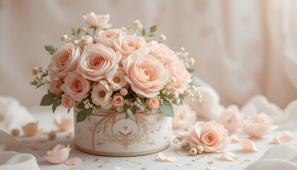 Obraz premium Beautiful arrangement of soft pink roses in an elegant round box on a light background