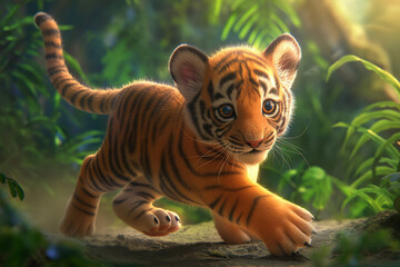 Obraz premium A playful tiger cub with bright, expressive eyes and soft orange fur, marked by bold black stripes