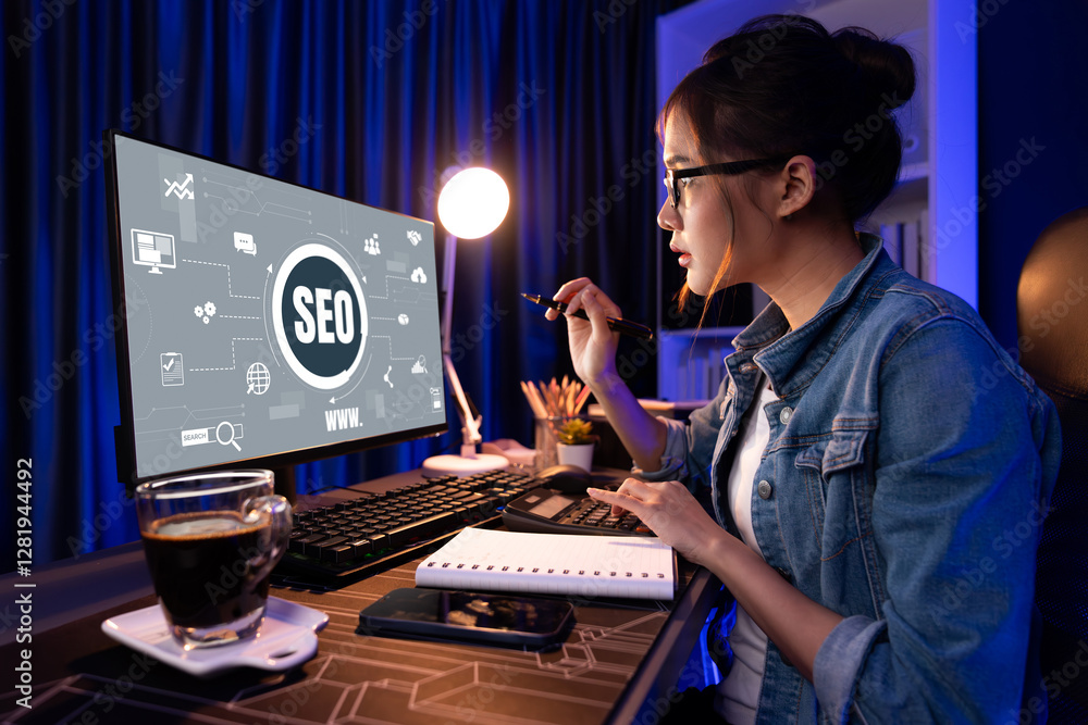 Poster seo search engine optimization for brisk e-commerce and online retail business showing on computer s