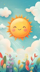 Happy sun illustration in a colorful landscape.