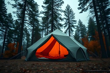 Waterproof tarp shelter set up in autumnal wooded area. Camping gear inside. Fall foliage, logs scattered around. Autumnal colors, nature elements around campsite. Nature scene