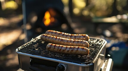 Three grilled sausages on a portable grill outdoors, near a campfire.