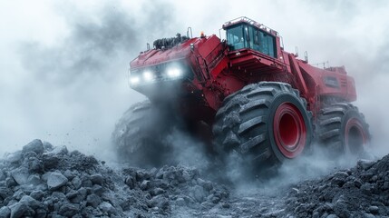 A powerful red construction vehicle moves through misty terrain, showcasing its robust tires and impressive design, emphasizing strength and industrial might.