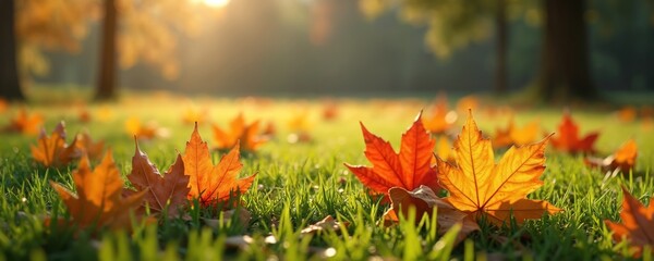 Low angle ground view scenery with multicolored maple dry leaves fallen on green grass lawn. The foliage is vibrant. Nature background for September, October and November. Ideal for Thanksgiving Day.