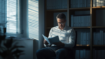 A man reads intently in a dimly lit room, with shadows cast by blinds creating a serene atmosphere.