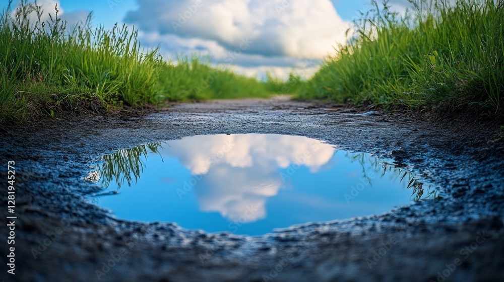 Poster soft light illuminates a puddle, capturing the bright blue sky and fluffy white clouds above. green 