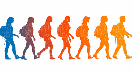 Women hikers walking outdoors, colorful silhouettes, travel adventure