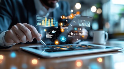 Businessman reviewing financial reports on a tablet with an AI-driven algorithm dashboard in the background. Highlights advanced data science and corporate financial strategy.