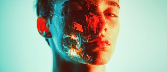 A face digital overlay of vibrant textures, illuminating futuristic human-machine interaction and dynamic technology themes.