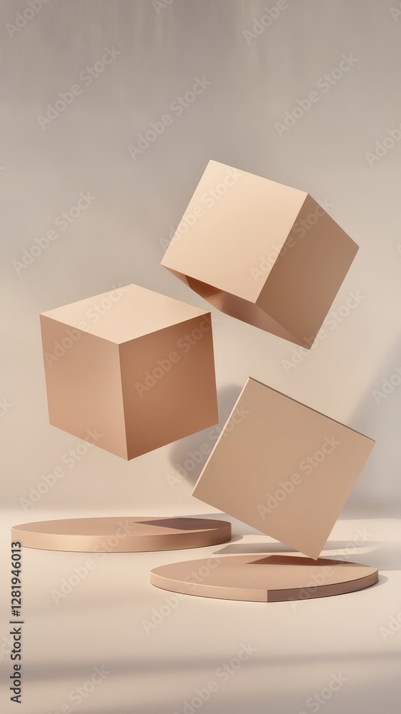 Poster three beige cubes levitating above round platforms in a minimalist setting with soft shadows and neu