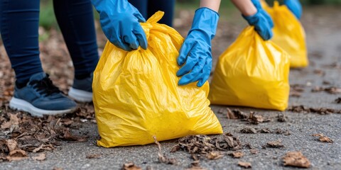 Women in blue gloves gather litter in yellow bags, united in environmental action on a leafy ground.