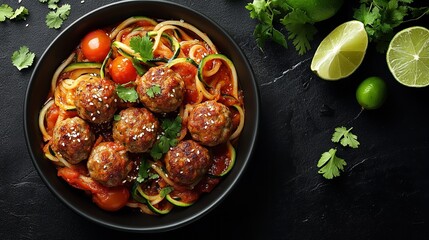 Top-down view of Asian-style meatballs with zucchini noodles and tomato sauce, surrounded by fresh ingredients on a black background