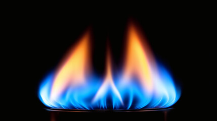 Llamas de gas natural azul y naranja sobre fondo negro