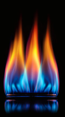 Llamas de gas natural azul y naranja sobre fondo negro