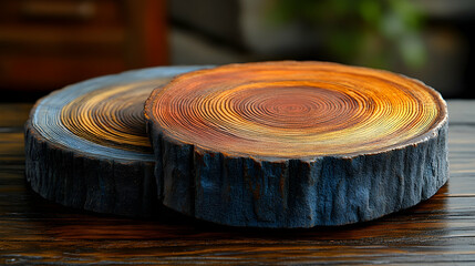 Obraz premium Wooden coasters, tree rings, dark table, blurred background, product display