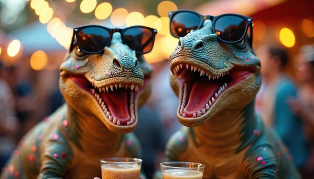 Two costumed dinosaurs in sunglasses hold drinks. Outdoor event featuring bokeh lights, party celebration with joy, festivity. Friends gathering, quirky fashion, night time amusement. Funny