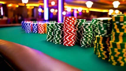 Vibrantly colored Casino Poker Chips are placed on a green table - Powered by Adobe