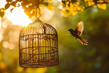 Fototapeta premium Open birdcage with flying bird, free area.