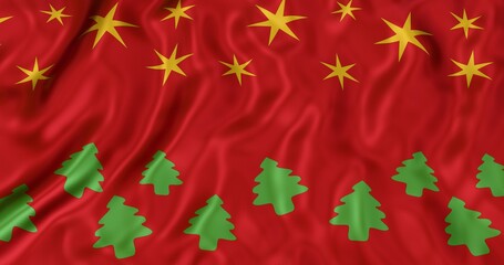 Red shiny fabric with tree and star pattern background. 3D rendering.