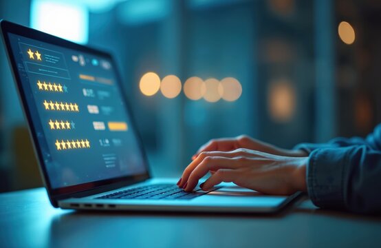 Woman types on laptop keyboard, leaves customer satisfaction feedback. Five star rating on virtual screen. Concept of online evaluation, opinion, digital survey, rate of service and product quality.
